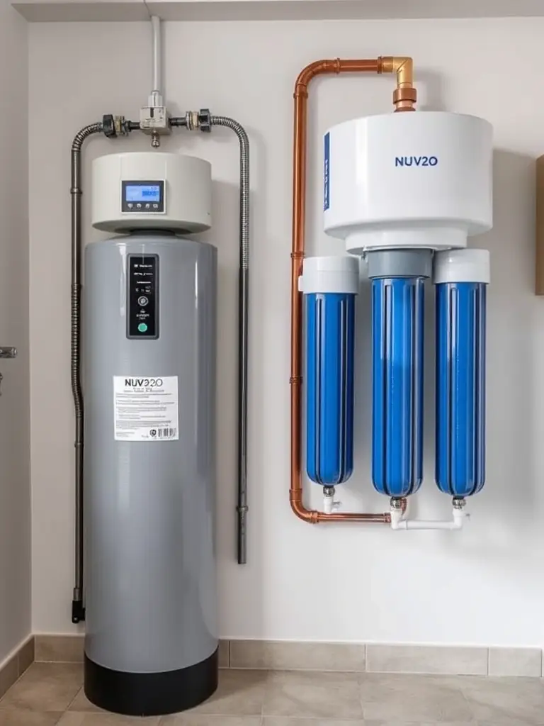 A split image showing a traditional water softener on one side and a NUVO H2O system on the other, visually comparing their sizes and environmental footprints.