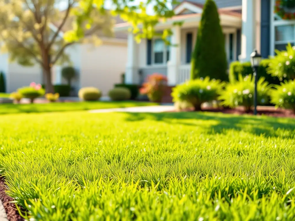 A perfectly manicured green lawn in a residential neighborhood, showcasing the results of professional mowing and edging services. The image should convey a sense of pride and attention to detail.