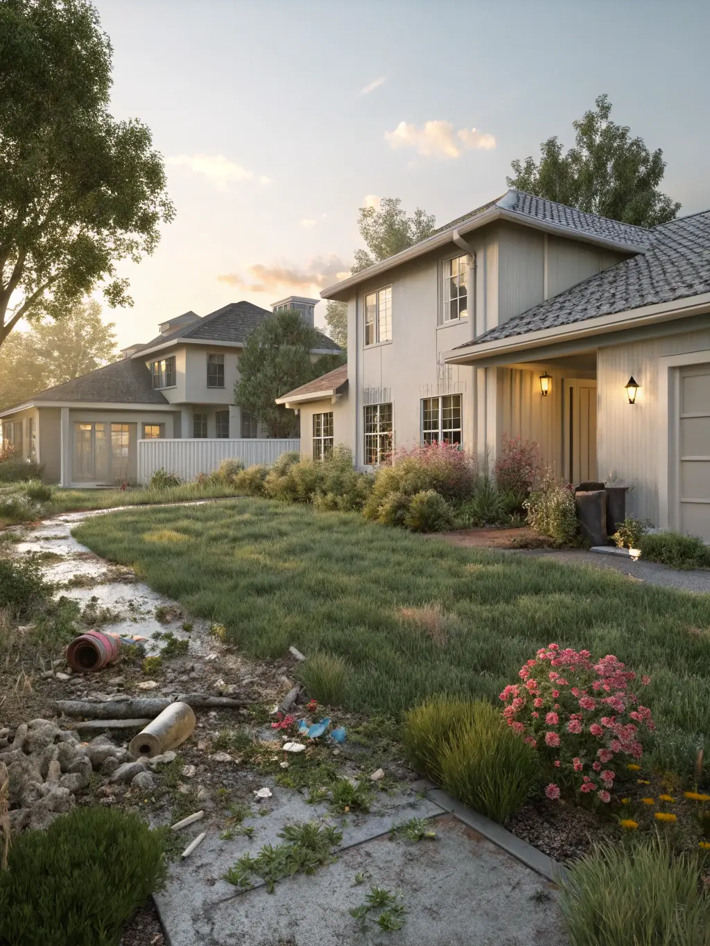 Before and after shot of a lawn cleanup service by VerumX, showing the transformation from overgrown to pristine, emphasizing the thoroughness of cleanup services.