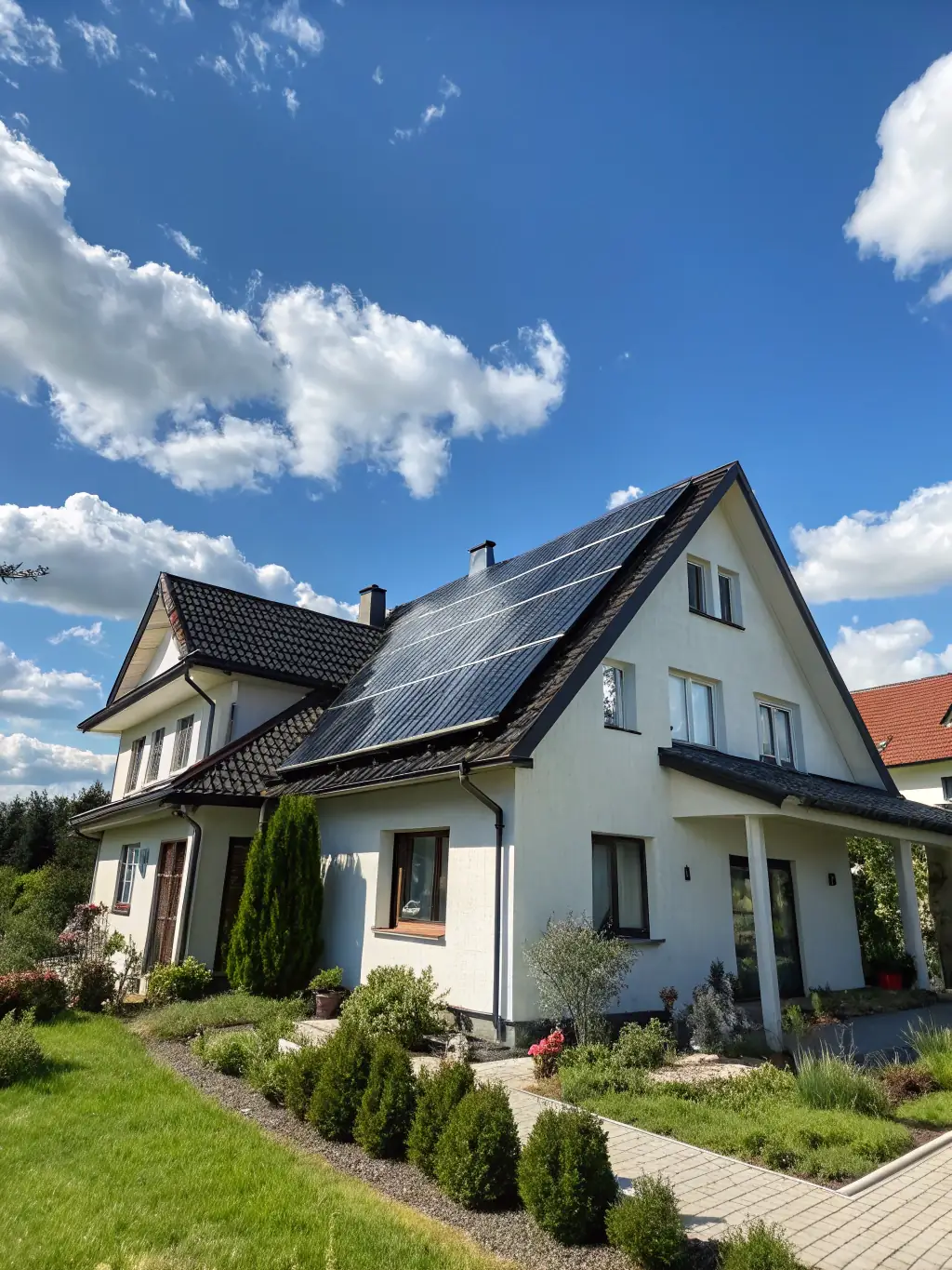 A residential solar panel installation on a roof, with lush green landscaping surrounding the house, symbolizing energy efficiency and environmental responsibility.