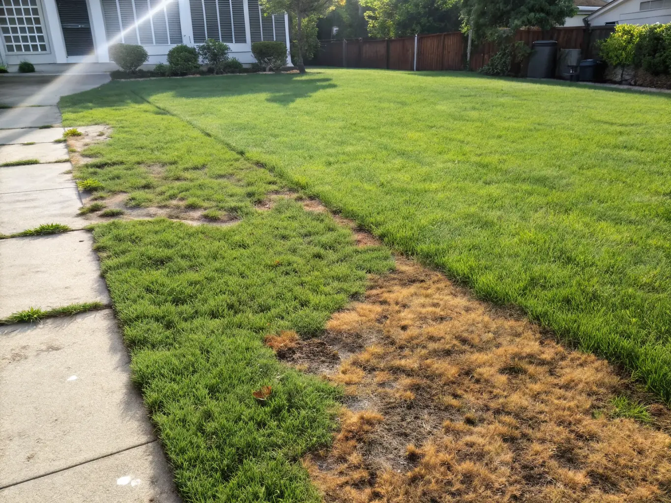 A before-and-after shot of a lawn cleanup project, showcasing the dramatic transformation from overgrown and messy to clean and tidy. The image should convey the value of professional cleanup services.