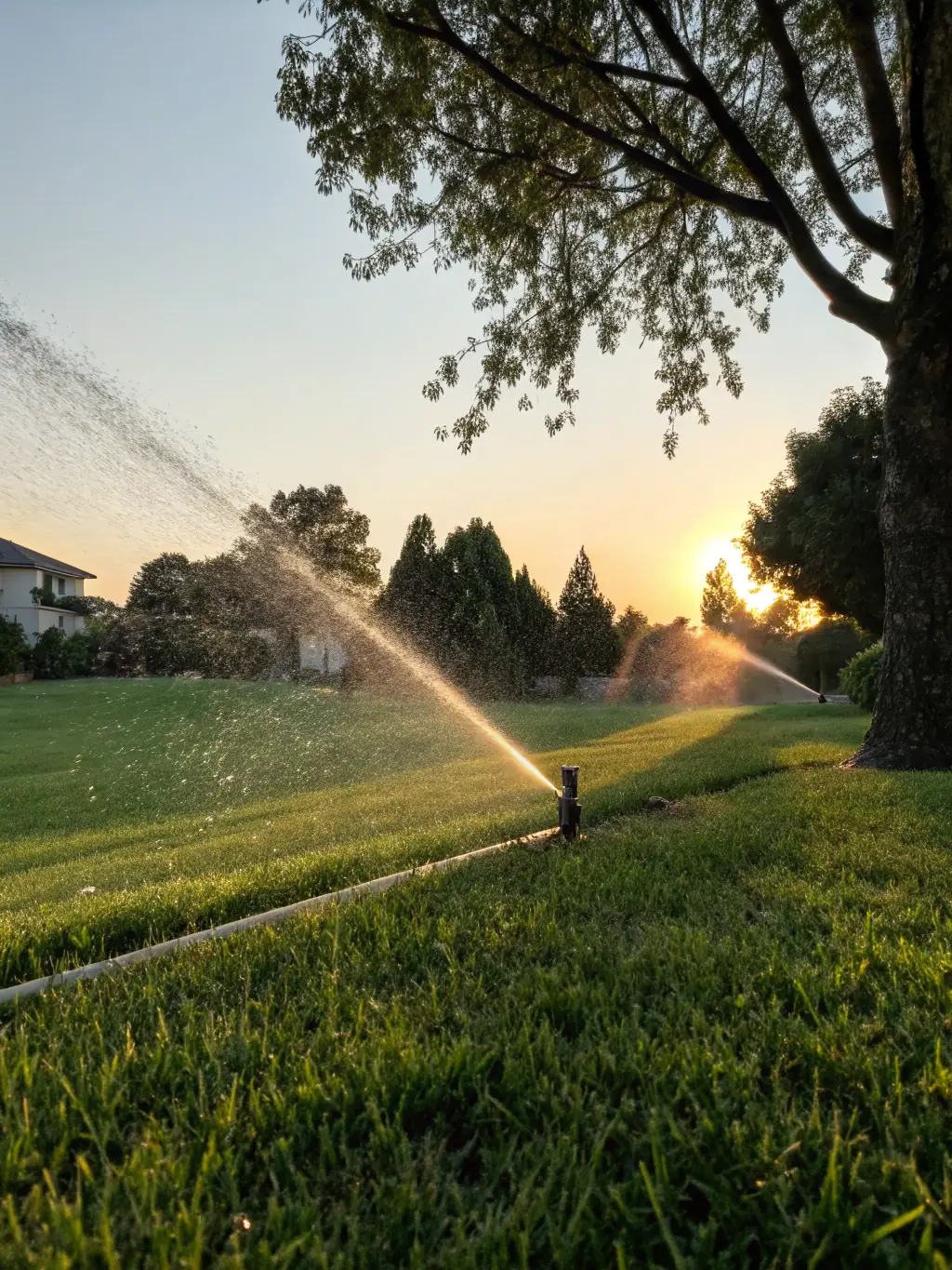 A verdant green lawn being watered with a sprinkler system, showcasing healthy growth and efficient water usage, emphasizing the connection between water quality and lawn health.