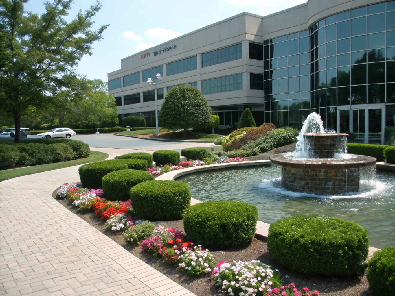 A commercial property with a well-maintained lawn and landscaping, demonstrating the impact of professional lawn care on business curb appeal. The image should convey professionalism and attention to detail.